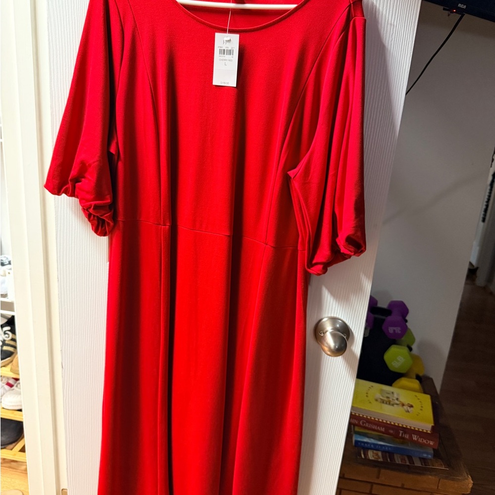 J. Jill Red Midi Dress with Gathered Short Sleeves